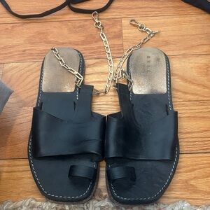Sandro Black Leather Sandals with Gold Chain